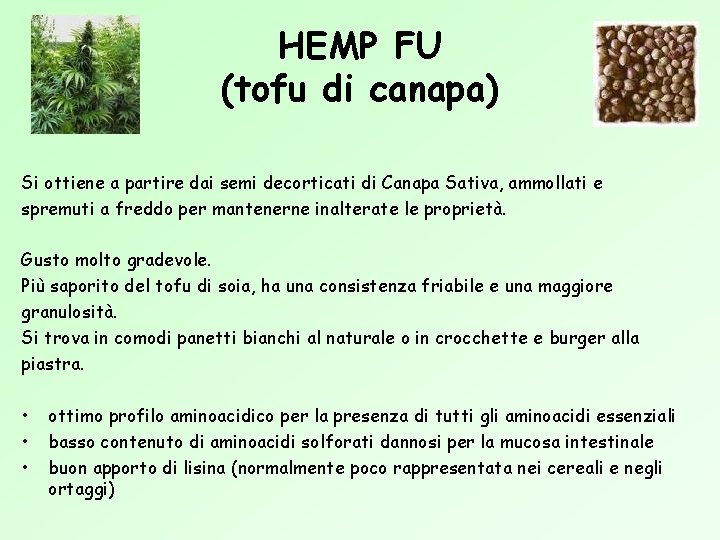 HEMP FU (tofu di canapa) Si ottiene a partire dai semi decorticati di Canapa