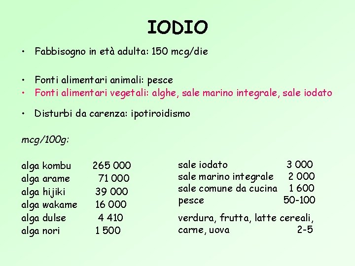 IODIO • Fabbisogno in età adulta: 150 mcg/die • Fonti alimentari animali: pesce •