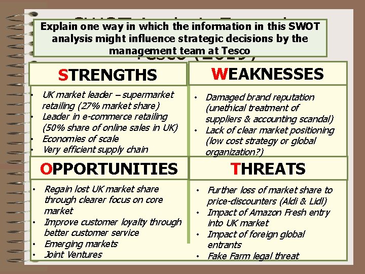 SWOT Analysis Example – Tesco (2019) Explain one way in which the information in