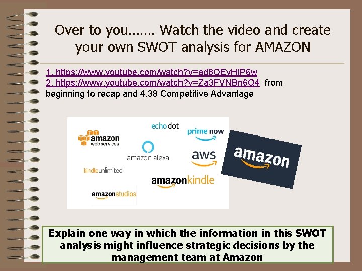 Over to you……. Watch the video and create your own SWOT analysis for AMAZON