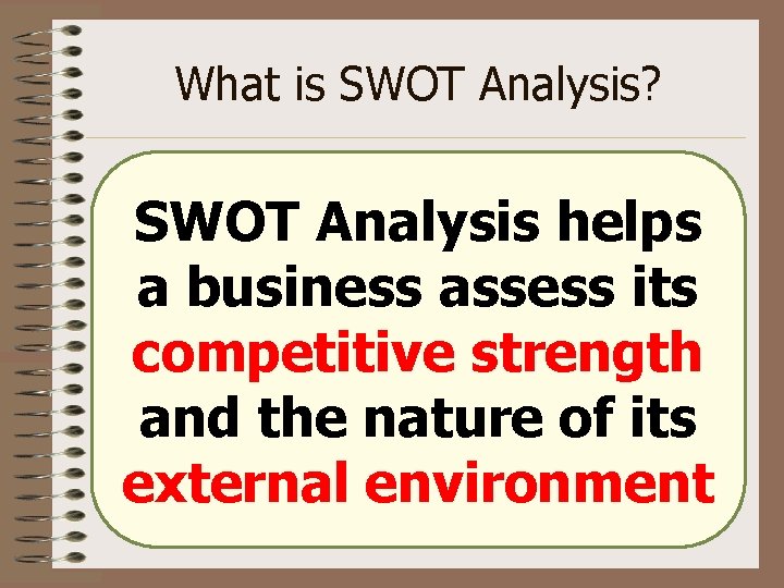 What is SWOT Analysis? SWOT Analysis helps a business assess its competitive strength and