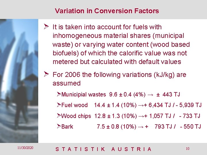 Variation in Conversion Factors It is taken into account for fuels with inhomogeneous material