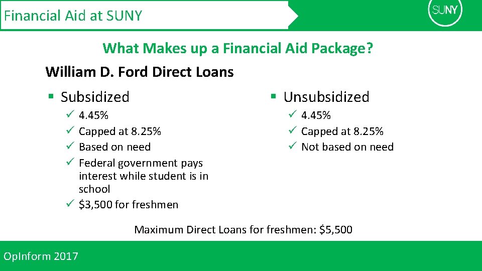 Financial Aid at SUNY What Makes up a Financial Aid Package? William D. Ford