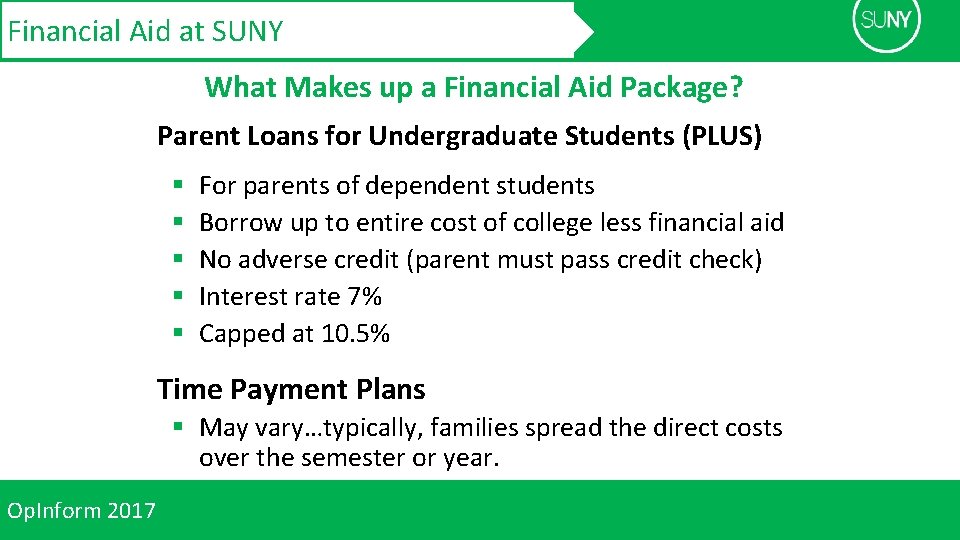 Financial Aid at SUNY What Makes up a Financial Aid Package? Parent Loans for