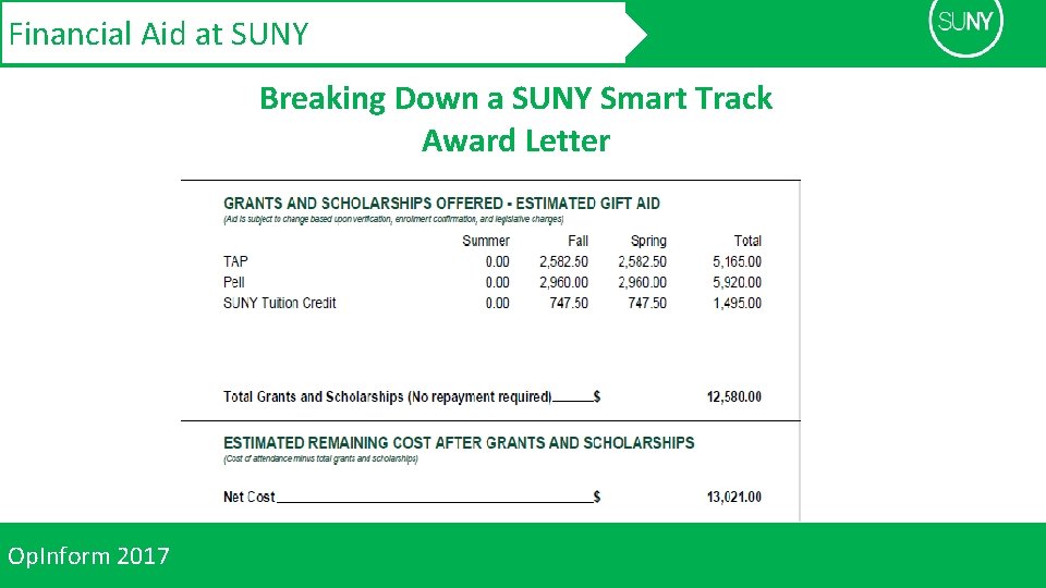 Financial Aid at SUNY Breaking Down a SUNY Smart Track Award Letter Op. Inform