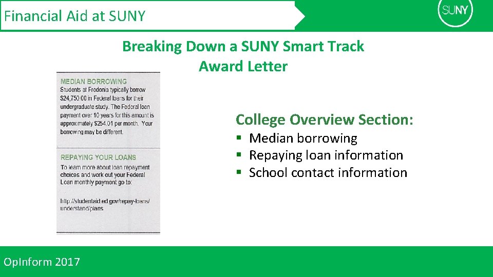Financial Aid at SUNY Breaking Down a SUNY Smart Track Award Letter College Overview