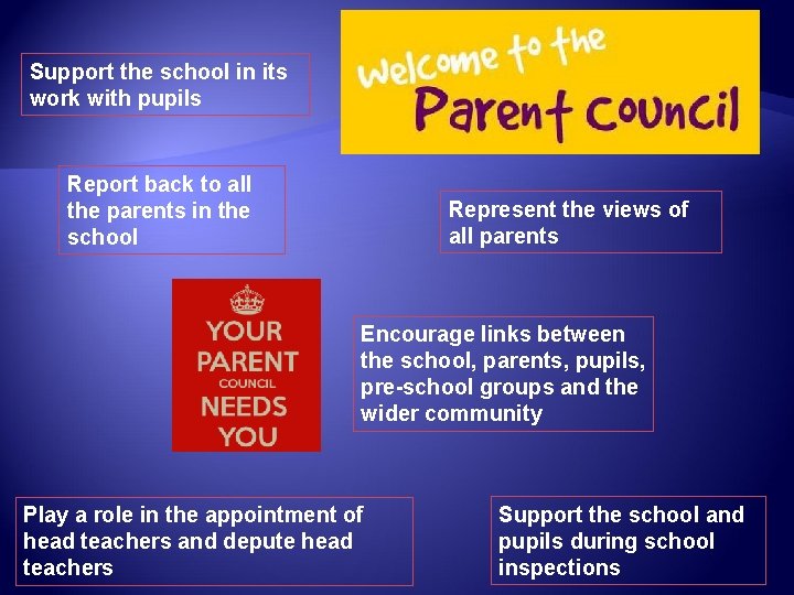 Support the school in its work with pupils Report back to all the parents