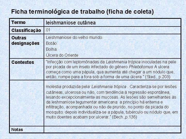 Ficha terminológica de trabalho (ficha de coleta) Termo leishmaniose cutânea Classificação 01 Outras designações