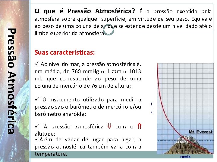 O que é Pressão Atmosférica? É a pressão exercida pela Suas características: Ao nível O que é Pressão Atmosférica? É a pressão exercida pela Suas características: Ao nível