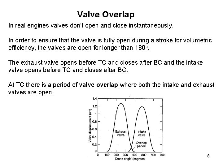 Valve Overlap In real engines valves don’t open and close instantaneously. In order to