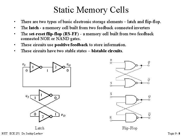 Static Memory Cells • • • There are two types of basic electronic storage Static Memory Cells • • • There are two types of basic electronic storage