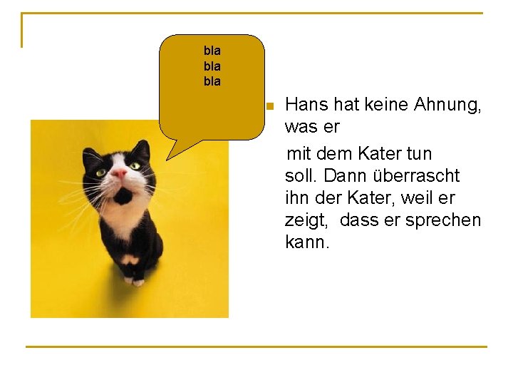 bla bla Hans hat keine Ahnung, was er mit dem Kater tun soll. Dann bla bla Hans hat keine Ahnung, was er mit dem Kater tun soll. Dann