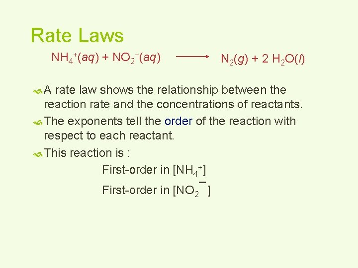 Rate Laws NH 4+(aq) + NO 2−(aq) N 2(g) + 2 H 2 O(l)