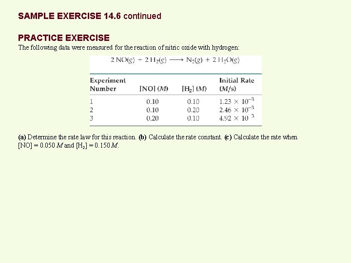 SAMPLE EXERCISE 14. 6 continued PRACTICE EXERCISE The following data were measured for the