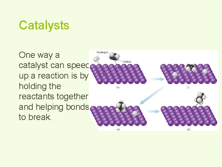 Catalysts One way a catalyst can speed up a reaction is by holding the