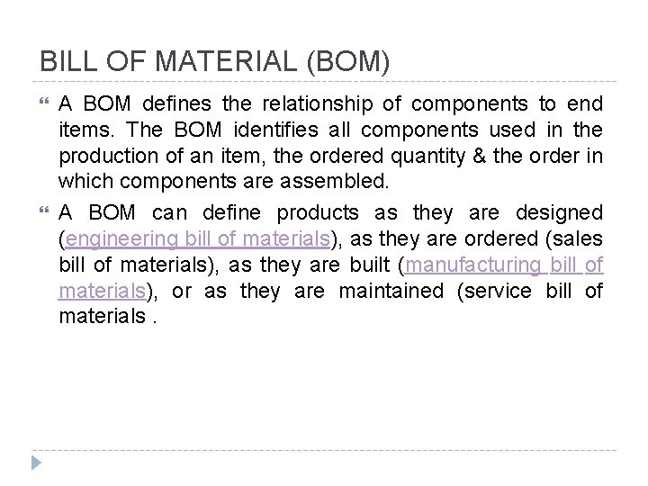 BILL OF MATERIAL (BOM) A BOM defines the relationship of components to end items. BILL OF MATERIAL (BOM) A BOM defines the relationship of components to end items.
