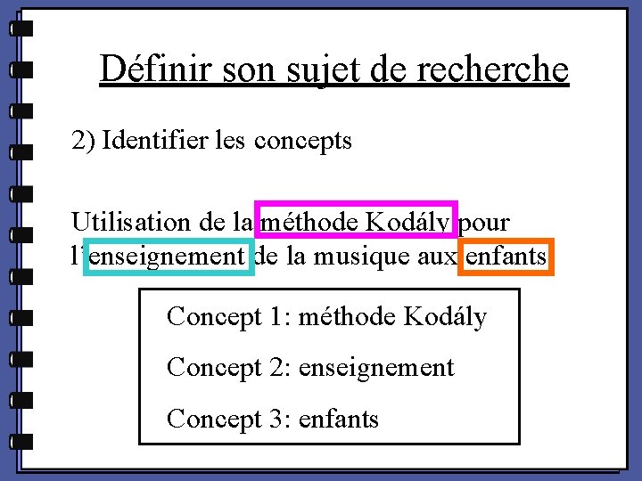 Définir son sujet de recherche 2) Identifier les concepts Utilisation de la méthode Kodály