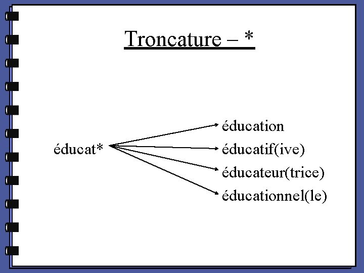 Troncature – * éducation éducatif(ive) éducateur(trice) éducationnel(le) 