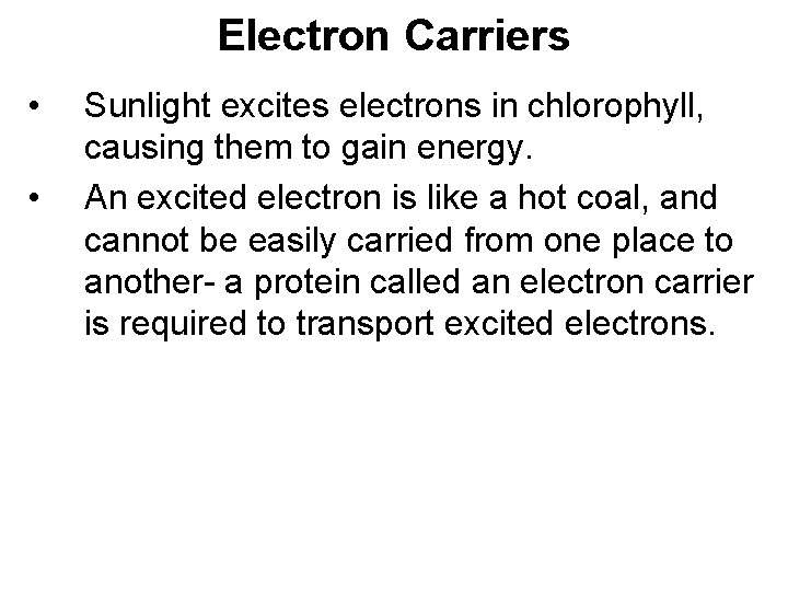 Electron Carriers • • Sunlight excites electrons in chlorophyll, causing them to gain energy.