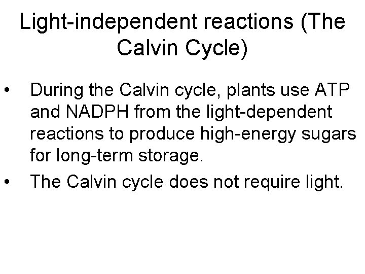 Light-independent reactions (The Calvin Cycle) • • During the Calvin cycle, plants use ATP
