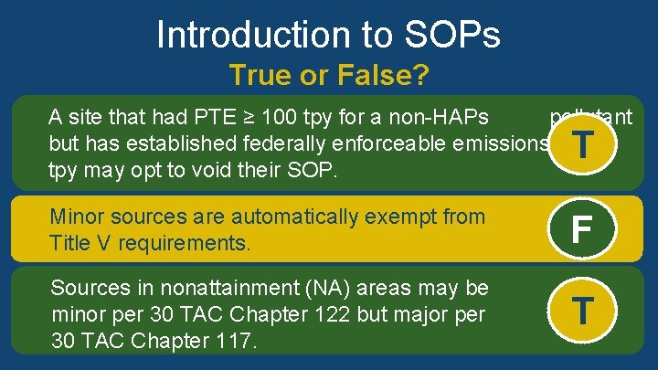 Introduction to SOPs True or False? A site that had PTE ≥ 100 tpy Introduction to SOPs True or False? A site that had PTE ≥ 100 tpy