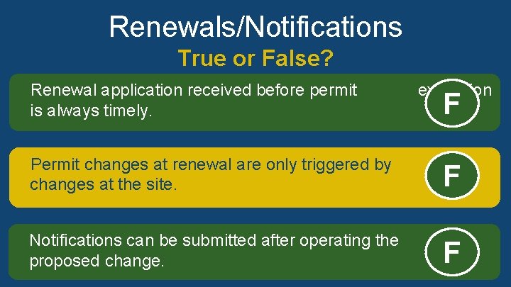 Renewals/Notifications True or False? Renewal application received before permit is always timely. False expiration Renewals/Notifications True or False? Renewal application received before permit is always timely. False expiration