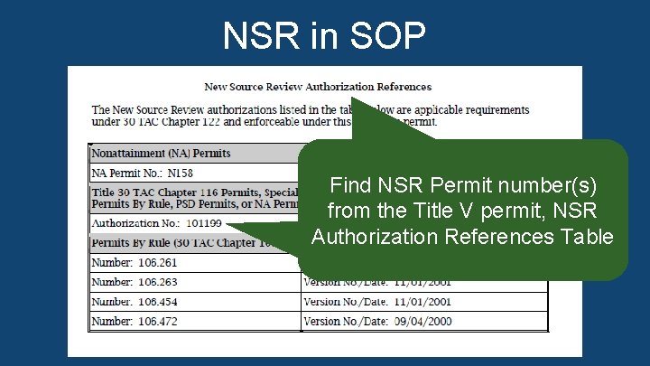 NSR in SOP In the Title V permit attachment, “NSR Authorization References, ” find NSR in SOP In the Title V permit attachment, “NSR Authorization References, ” find