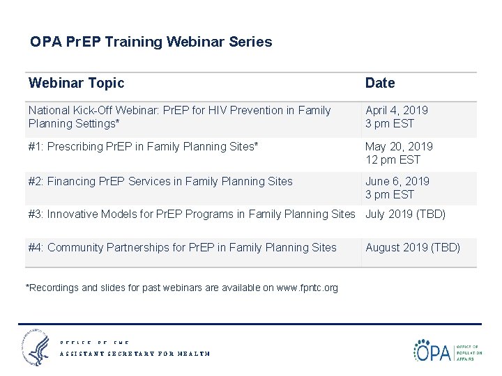 OPA Pr. EP Training Webinar Series Webinar Topic Date National Kick-Off Webinar: Pr. EP