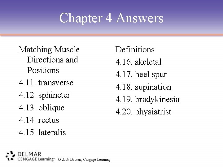 Chapter 4 Answers Matching Muscle Directions and Positions 4. 11. transverse 4. 12. sphincter