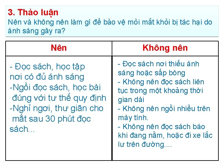 3. Thảo luận Nên và không nên làm gì để bảo vệ mỏi mắt