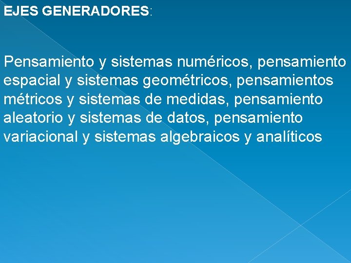 EJES GENERADORES: Pensamiento y sistemas numéricos, pensamiento espacial y sistemas geométricos, pensamientos métricos y