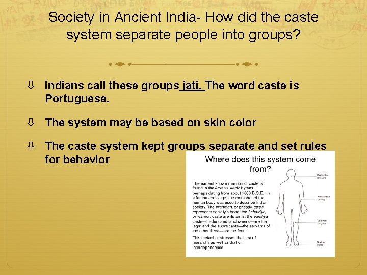Society in Ancient India- How did the caste system separate people into groups? Indians