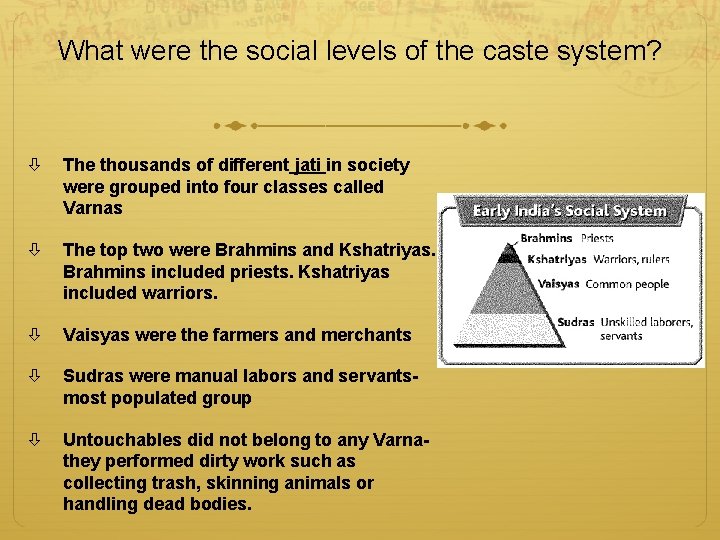 What were the social levels of the caste system? The thousands of different jati