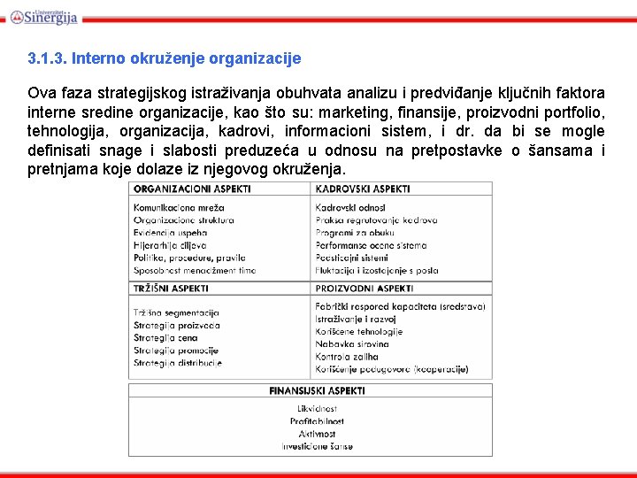 3. 1. 3. Interno okruženje organizacije Ova faza strategijskog istraživanja obuhvata analizu i predviđanje