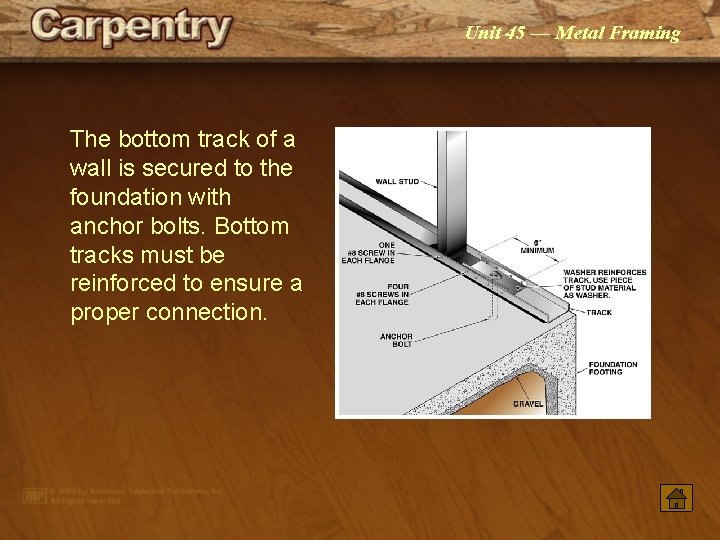 Unit 45 — Metal Framing The bottom track of a wall is secured to