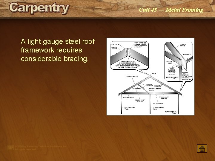 Unit 45 — Metal Framing A light-gauge steel roof framework requires considerable bracing. 