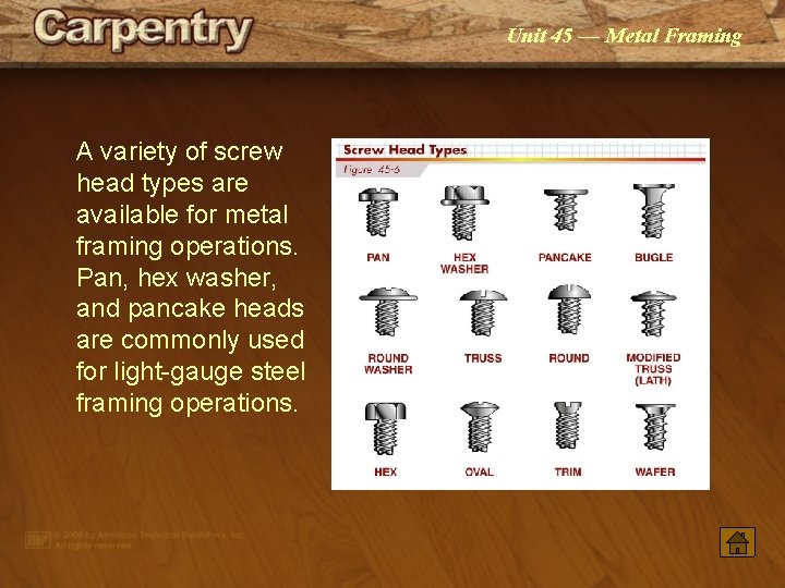 Unit 45 — Metal Framing A variety of screw head types are available for