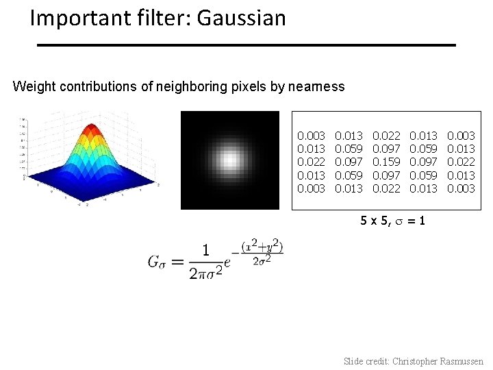 Important filter: Gaussian Weight contributions of neighboring pixels by nearness 0. 003 0. 013