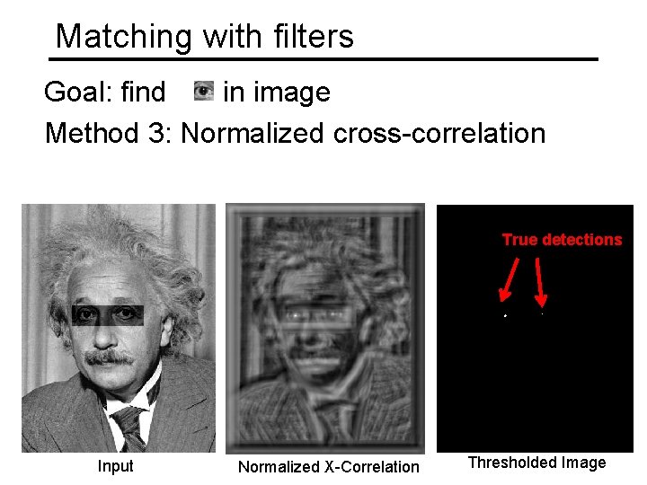 Matching with filters Goal: find in image Method 3: Normalized cross-correlation True detections Input