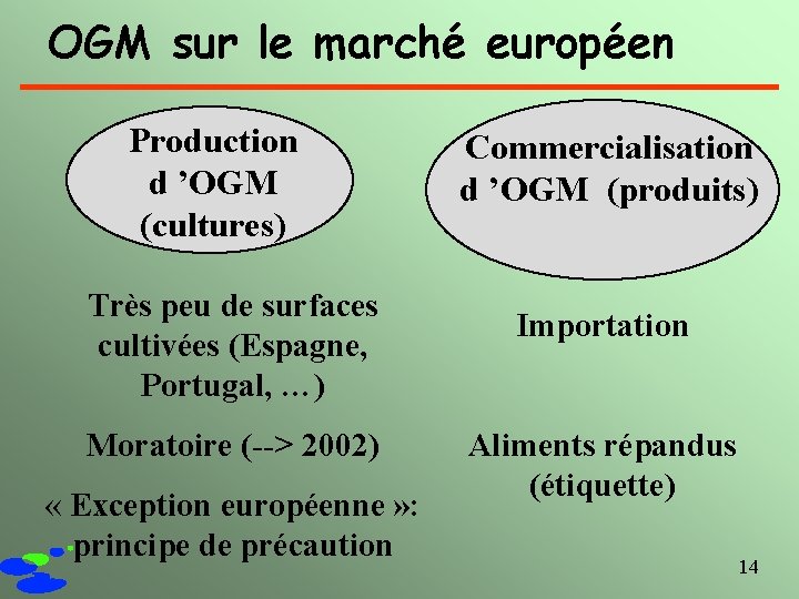 OGM sur le marché européen Production d ’OGM (cultures) Très peu de surfaces cultivées