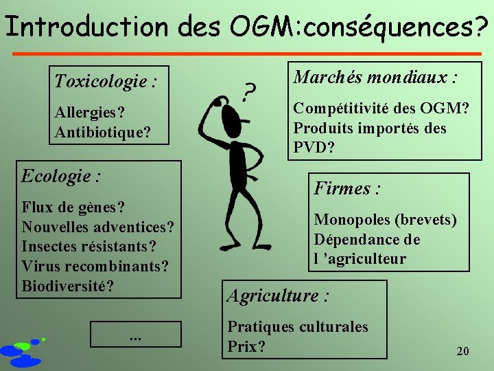 Introduction des OGM: conséquences? Toxicologie : Marchés mondiaux : Allergies? Antibiotique? Compétitivité des OGM?