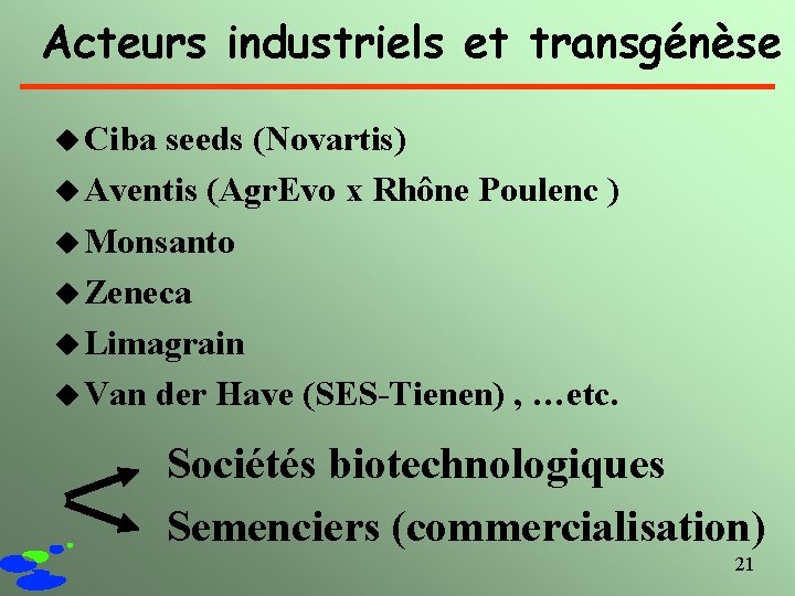 Acteurs industriels et transgénèse u Ciba seeds (Novartis) u Aventis (Agr. Evo x Rhône