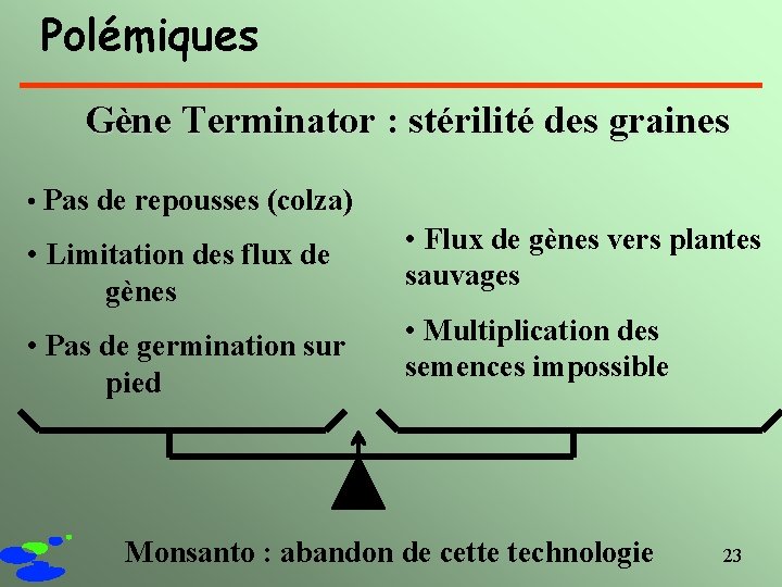 Polémiques Gène Terminator : stérilité des graines • Pas de repousses (colza) • Limitation