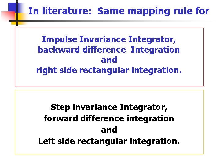 In literature: Same mapping rule for Impulse Invariance Integrator, backward difference Integration and right