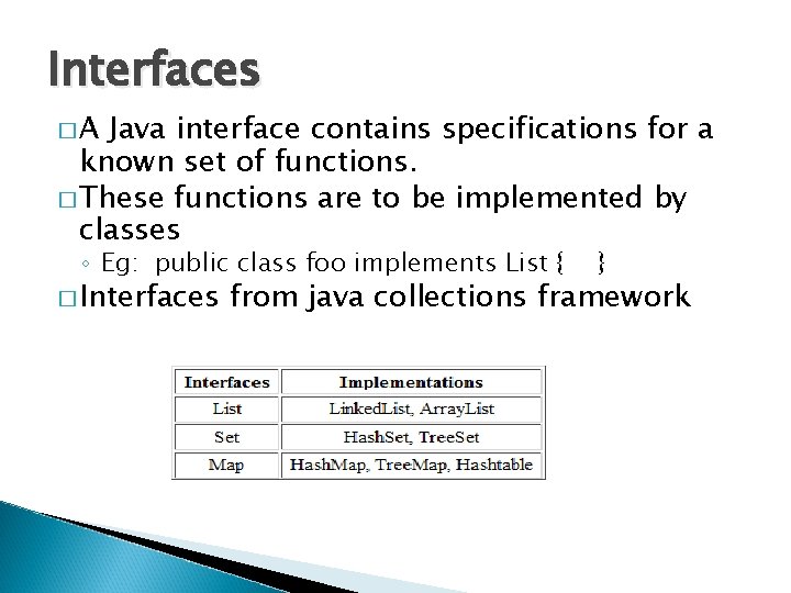 Interfaces �A Java interface contains specifications for a known set of functions. � These