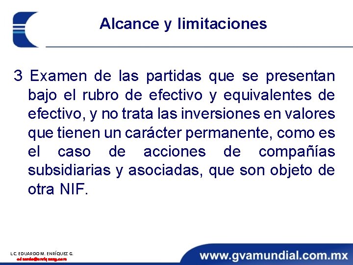 Alcance y limitaciones 3 Examen de las partidas que se presentan bajo el rubro