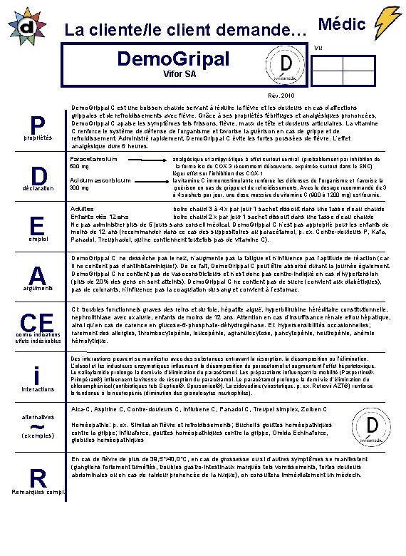 La cliente/le client demande… Médic Vu Demo. Gripal Vifor SA Rév. 2010 P propriétés