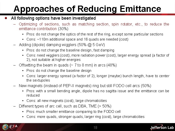 Approaches of Reducing Emittance All following options have been investigated – Optimizing of sections,