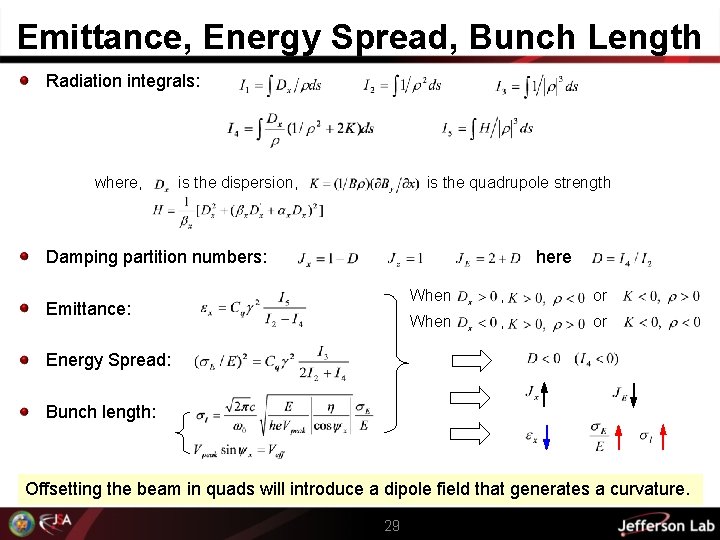 Emittance, Energy Spread, Bunch Length Radiation integrals: where, is the dispersion, is the quadrupole