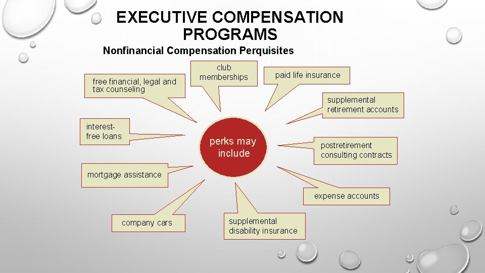 EXECUTIVE COMPENSATION PROGRAMS Nonfinancial Compensation Perquisites free financial, legal and tax counseling club memberships